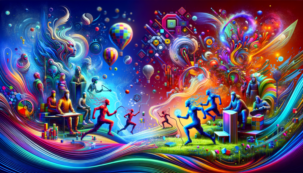 Image of vibrant abstract figures and swirling colors with hot air balloons and geometric shapes.