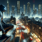 Image of a hooded figure perched on a rooftop, overlooking a night-lit futuristic cityscape.