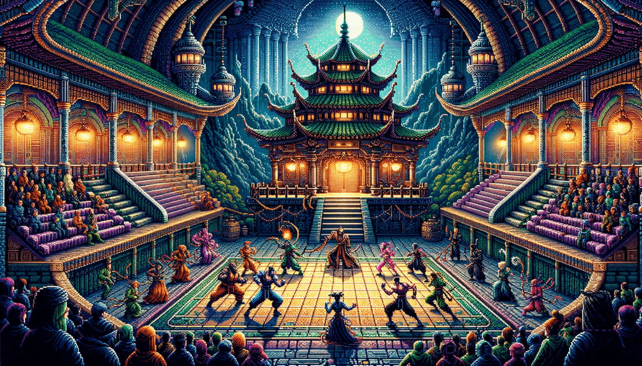 Image of a vibrant, illuminated temple with a martial arts tournament and an engaged audience.