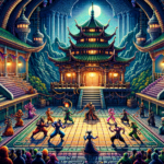 Image of a vibrant, illuminated temple with a martial arts tournament and an engaged audience.