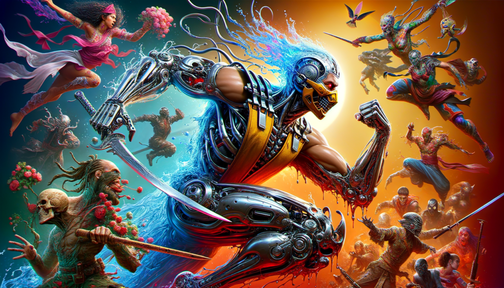 Image of a futuristic warrior battling mythical creatures, set against a vibrant, swirling backdrop.