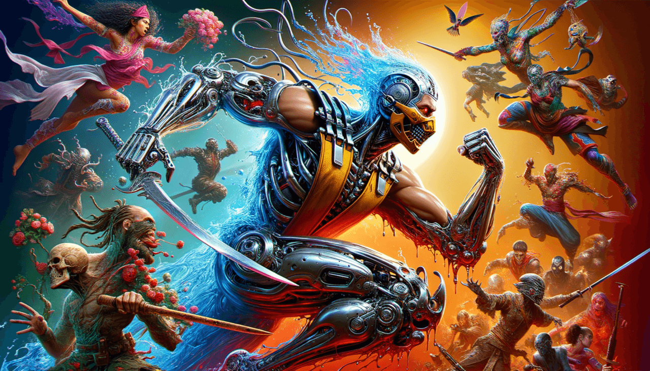 Image of a futuristic warrior battling mythical creatures, set against a vibrant, swirling backdrop.