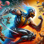 Image of a futuristic warrior battling mythical creatures, set against a vibrant, swirling backdrop.