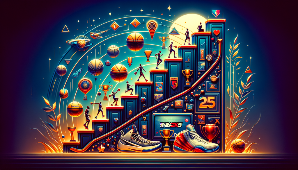 Image of an artistic staircase depicting basketball elements, trophies, shoes, and vibrant icons.