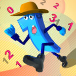 Image of a blue anthropomorphic number one character wearing a brown hat and black boots, running energetically with a determined expression. Surrounding the character are various floating red and black numbers on a colorful, abstract background with yellow and orange tones.