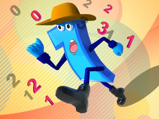 Image of a blue anthropomorphic number one character wearing a brown hat and black boots, running energetically with a determined expression. Surrounding the character are various floating red and black numbers on a colorful, abstract background with yellow and orange tones.