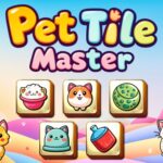 Image of the Pet Tile Master game thumbnail featuring a colorful background with soft pastel gradients. The title "Pet Tile Master" is displayed in a playful, bubbly font with a small paw print accent on the letter "T." Below the title, six square tiles showcase cute pet-themed icons, including a cat bowl with food, a corgi face, a green patterned ball, a blue cat face, a baby bottle, and another pet item. Two cartoon-style animals, a happy fox and a cheerful cat, sit on either side of the tile set, adding to the adorable and inviting theme.