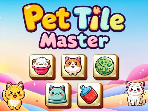 Image of the Pet Tile Master game thumbnail featuring a colorful background with soft pastel gradients. The title "Pet Tile Master" is displayed in a playful, bubbly font with a small paw print accent on the letter "T." Below the title, six square tiles showcase cute pet-themed icons, including a cat bowl with food, a corgi face, a green patterned ball, a blue cat face, a baby bottle, and another pet item. Two cartoon-style animals, a happy fox and a cheerful cat, sit on either side of the tile set, adding to the adorable and inviting theme.