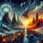 Image of a futuristic cityscape with towering structures, vibrant skies, and a glowing horizon.