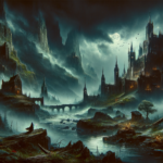Image of a dark, misty castle landscape with ominous clouds and silhouette of a mysterious figure.