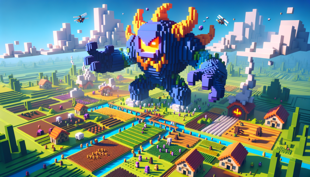 Image of a pixel art monster towering over a colorful, blocky village landscape with farms.