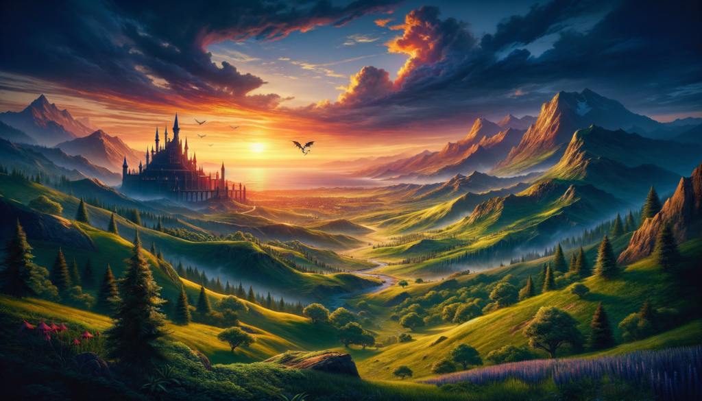 Image of a castle on green hills at sunset, with a dragon flying above, surrounded by mountains.