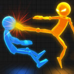 Image of two glowing stick figures battling in a 3D arena, with the orange figure delivering a powerful kick to the blue figure, emitting a bright impact effect.
