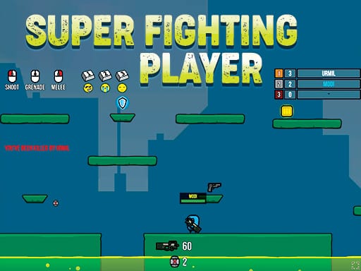 Image of the Super Fighting Player game thumbnail featuring a 2D multiplayer battle arena. The scene shows a blue-themed platform-based map with players engaging in combat using guns, grenades, and melee attacks. The game's title, "Super Fighting Player," is prominently displayed in bold yellow text at the top. On-screen HUD elements include player scores, weapon icons, and an elimination message. The game environment consists of floating platforms and interactive elements, creating an action-packed atmosphere. 🎮