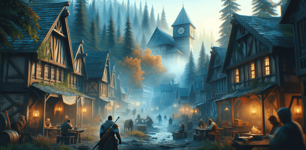 Image of a medieval village street bustling with townsfolk, surrounded by timber houses and lush trees.