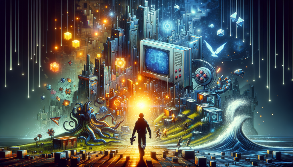 Image of a futuristic digital landscape with a silhouetted figure approaching a glowing portal.