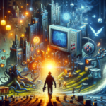 Image of a futuristic digital landscape with a silhouetted figure approaching a glowing portal.