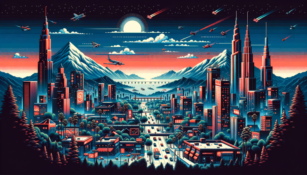 Image of a vibrant cityscape with towering skyscrapers, starry sky, and mountains in the background.
