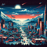 Image of a vibrant cityscape with towering skyscrapers, starry sky, and mountains in the background.