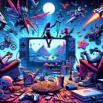 Image of a vibrant gaming scene with two players, surrounded by futuristic elements and gadgets.