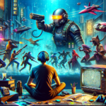 Image of a futuristic scene with a person in headphones, giant robot, and colorful characters.
