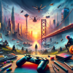 Image of a surreal cityscape with floating vehicles, futuristic skyline, and a cluttered desk.