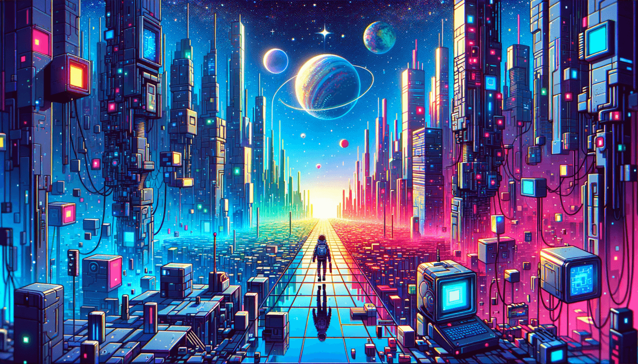 Image of a futuristic cityscape with glowing skyscrapers and planets above a lone figure on a path.