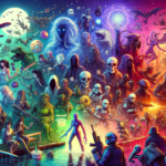 Image of a vibrant, sci-fi fantasy scene with diverse characters and creatures in dynamic poses.