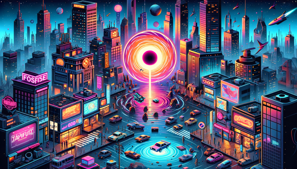 Unlock the Challenger’s Rod in Fisch – Here’s How to Get It Fast! Image of a vibrant cityscape with neon signs, futuristic buildings, and a glowing vortex in the sky.
