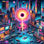 Image of a vibrant cityscape with neon signs, futuristic buildings, and a glowing vortex in the sky.