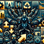 Image of a robotic figure surrounded by mechanical icons, gears, charts, and directional arrows.