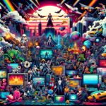 Image of a vibrant collage featuring retro-futuristic characters, video game icons, and neon landscapes.
