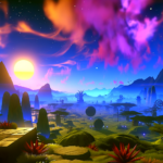 Image of a surreal landscape with vibrant skies, rolling hills, and a glowing sun setting behind mountains.