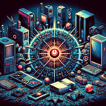 Image of a retro-futuristic cityscape with glowing electronic devices and a central power symbol.