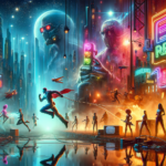 Image of a neon-lit futuristic cityscape with flying vehicles and silhouetted figures in foreground.