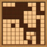 Image of a Woodoku Online game board featuring a 9x9 grid with light and dark wooden tiles, partially filled with rectangular blocks.