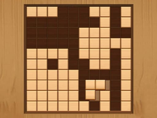 Image of a Woodoku Online game board featuring a 9x9 grid with light and dark wooden tiles, partially filled with rectangular blocks.