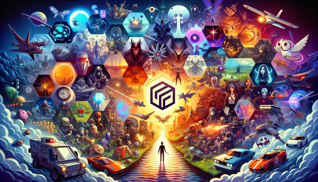 Image of a vibrant, futuristic collage featuring diverse themes, vehicles, and a central glowing symbol.