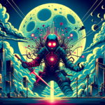 Image of a futuristic cityscape with a robot figure in front of a glowing moon, holding a sword.