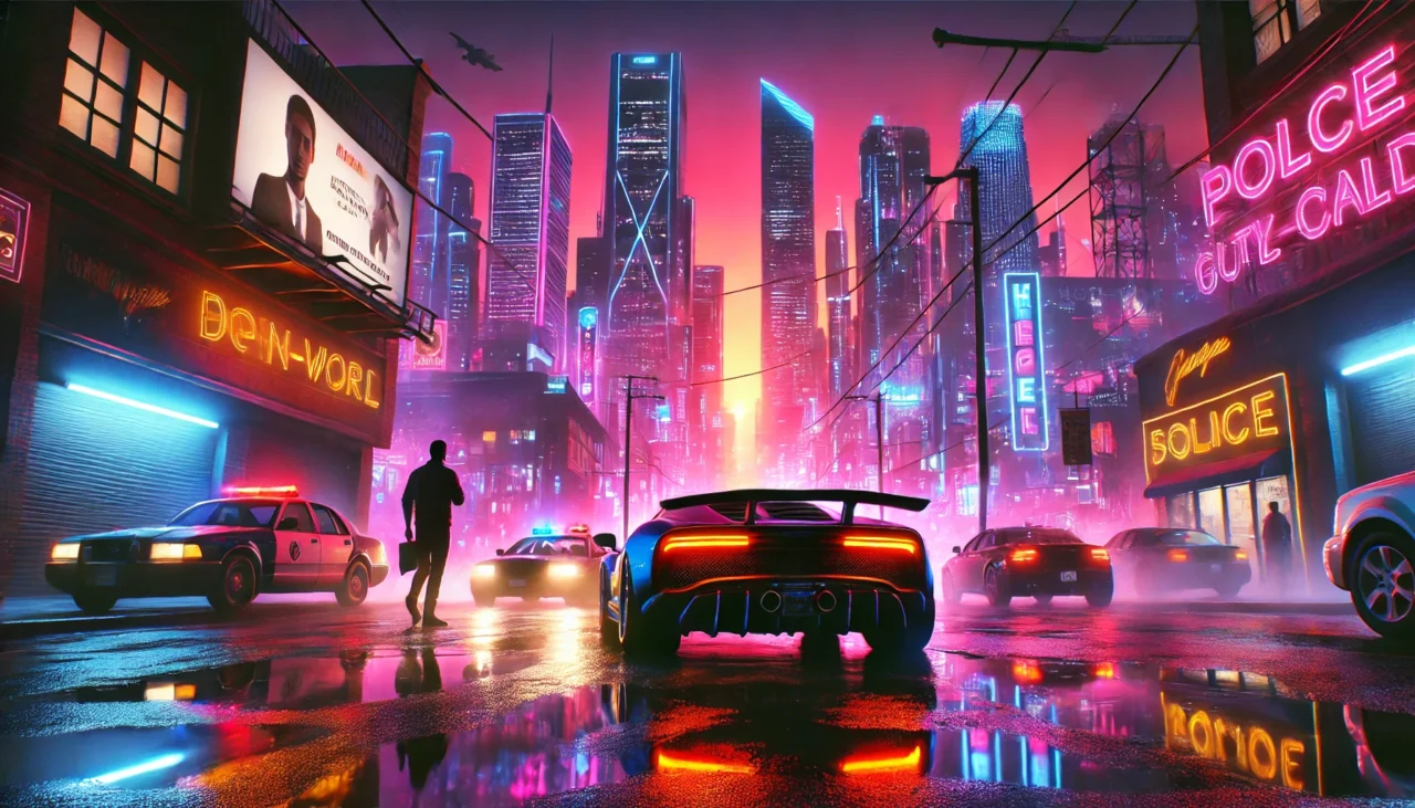 A cinematic, hyper-realistic depiction of a neon-lit city skyline at sunset, bathed in warm pinks, purples, and blues. A sleek, futuristic sports car speeds through wet, reflective streets, creating a sense of action and adventure. In the background, towering skyscrapers with glowing neon lights define the cityscape. A silhouetted duo stands near a getaway vehicle, hinting at an exciting narrative. A digital billboard displays a generic news update, while a police chase and a helicopter in the distance add elements of tension and thrill.