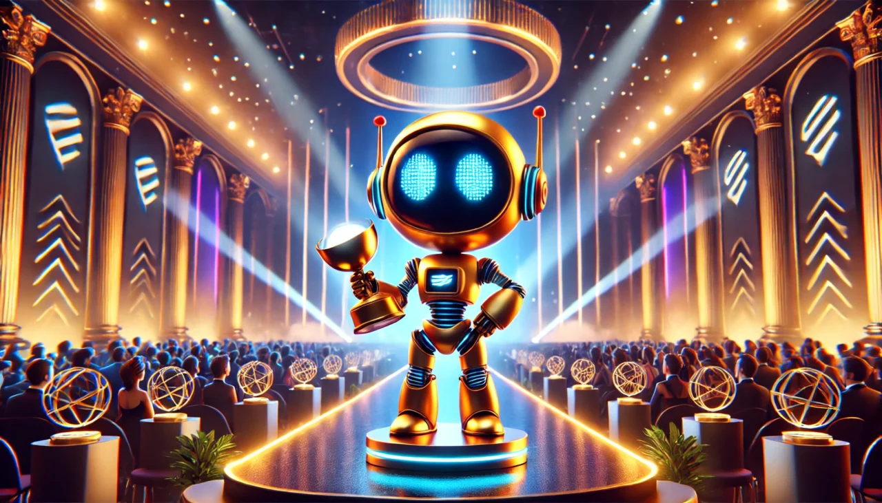 Astro Bot standing proudly on a grand stage holding a glowing trophy, with dramatic lighting, futuristic effects, and a glamorous awards ceremony setting.