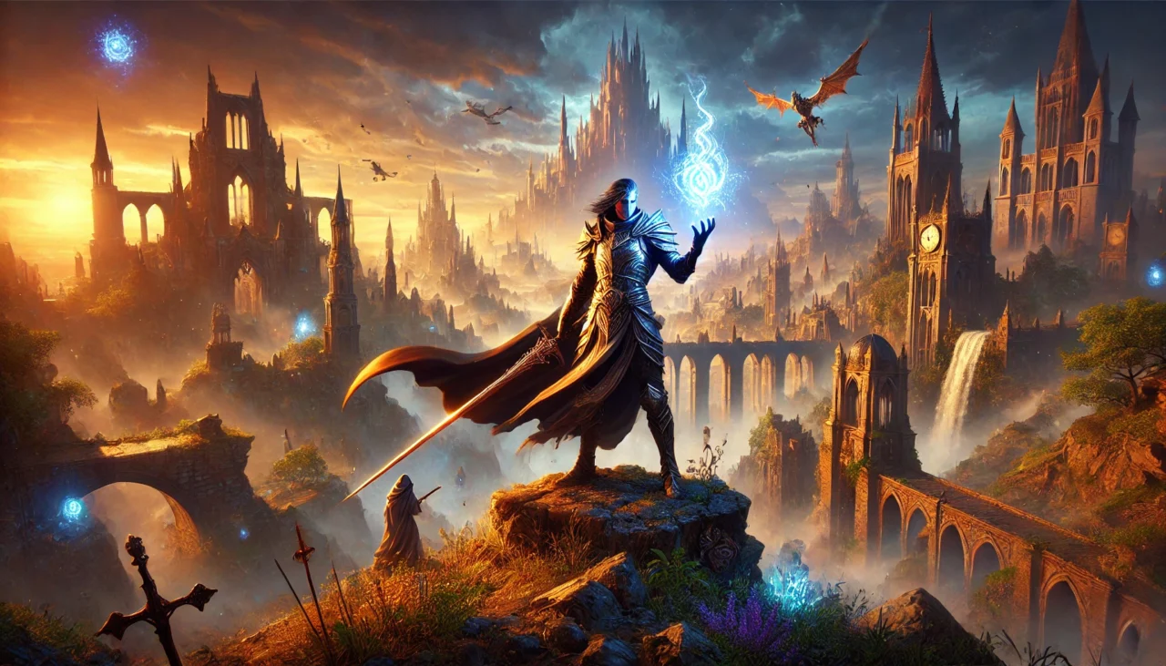 A stunning fantasy scene featuring an armored warrior holding a glowing orb of magical energy, standing on a cliff overlooking a sprawling medieval-fantasy landscape with majestic castles, flowing waterfalls, and towering ruins.