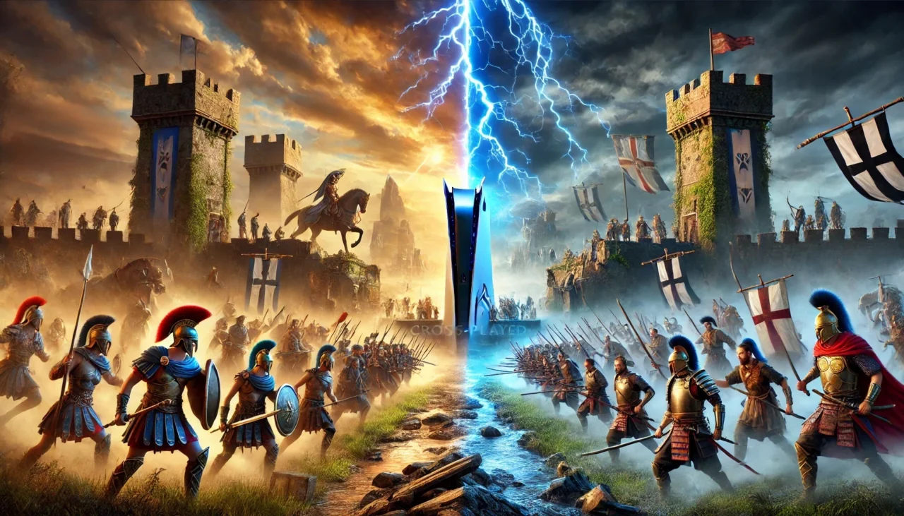 A dramatic battlefield scene showcasing Greek, Egyptian, and Norse gods from Age of Mythology: Retold clashing with knights, samurai, and medieval soldiers from Age of Empires II: Definitive Edition. The split-screen composition highlights a glowing PS5 console on one side and an Xbox & PC setup on the other, emphasizing cross-play support. A stormy sky with lightning bolts, castle fortifications, and siege weapons add to the epic scale of the battle.