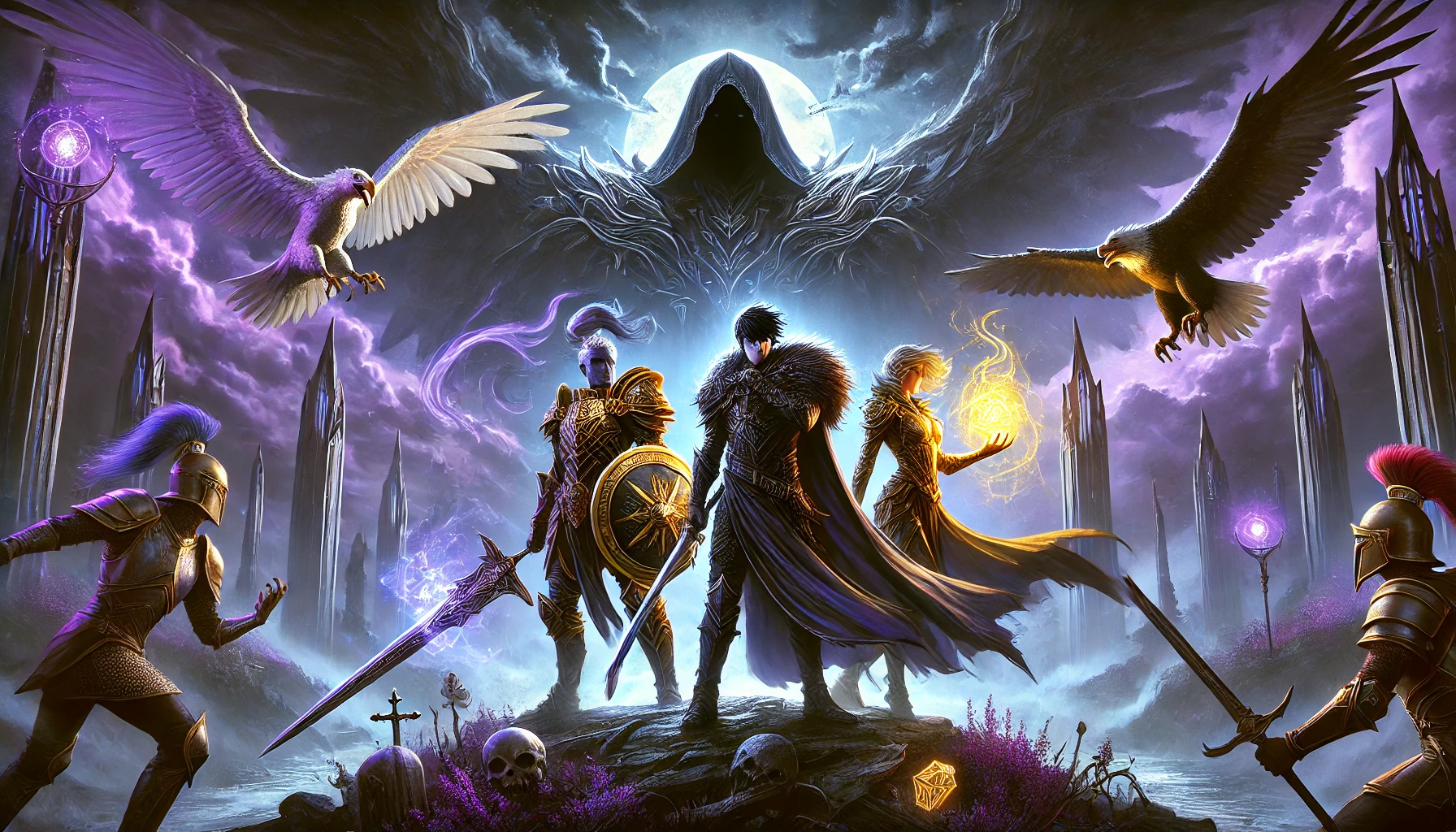 Three fantasy warriors—Wylder, Guardian, and Recluse—stand united in a dark, mystical landscape of Limveld, facing a shadowy Nightlord with dramatic lighting.