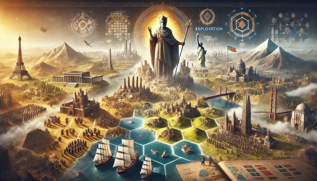 A cinematic, AI-generated image of Civilization VII, showcasing three historical eras—Antiquity, Exploration, and Modern. A powerful leader stands over a world map, surrounded by wonders like the Pyramids and Eiffel Tower. The background illustrates civilizations evolving with marching armies, medieval castles, and futuristic skylines. The scene is bathed in warm golden hues and dramatic sunset lighting, evoking a grand strategy theme.