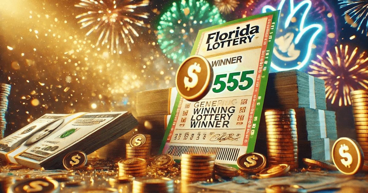 Celebratory scene of Florida Fantasy 5 winning ticket surrounded by cash and coins, with confetti and glowing highlights in the background.