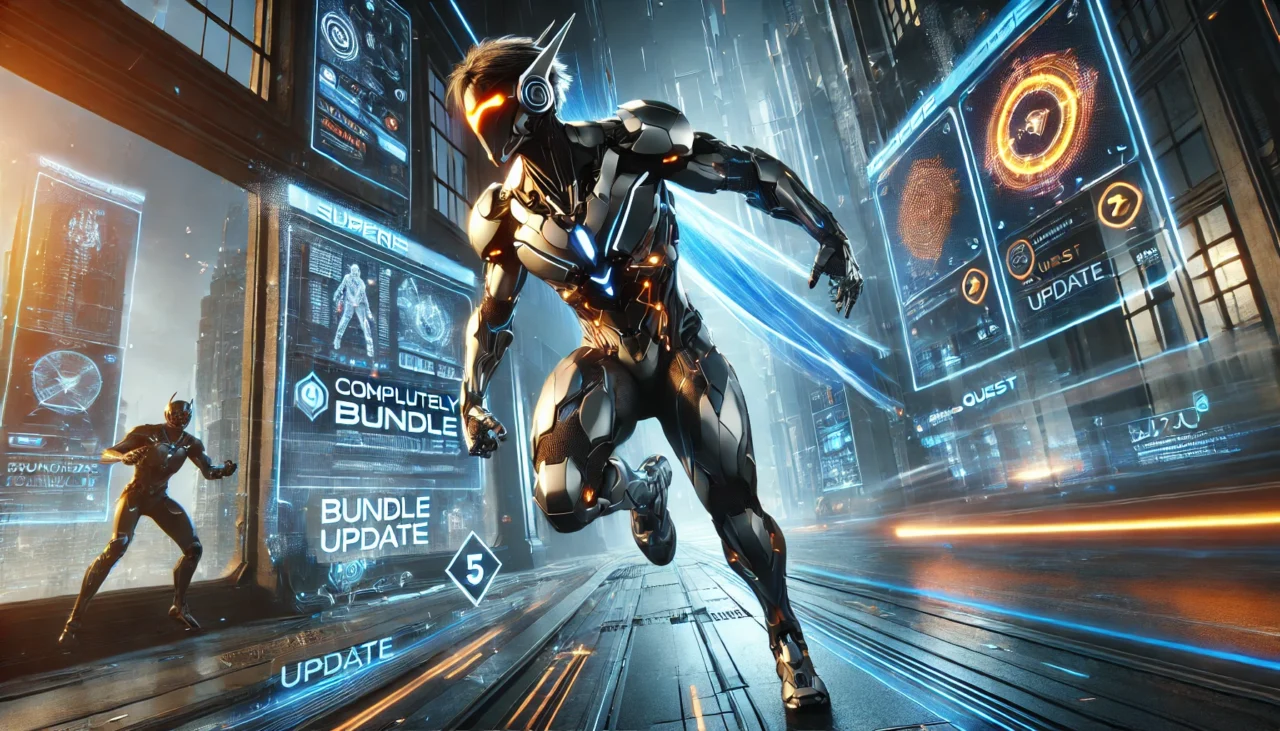 A futuristic, action-packed scene from a superhero battle game update. A central armored character with neon accents stands dynamically in a cyberpunk cityscape.