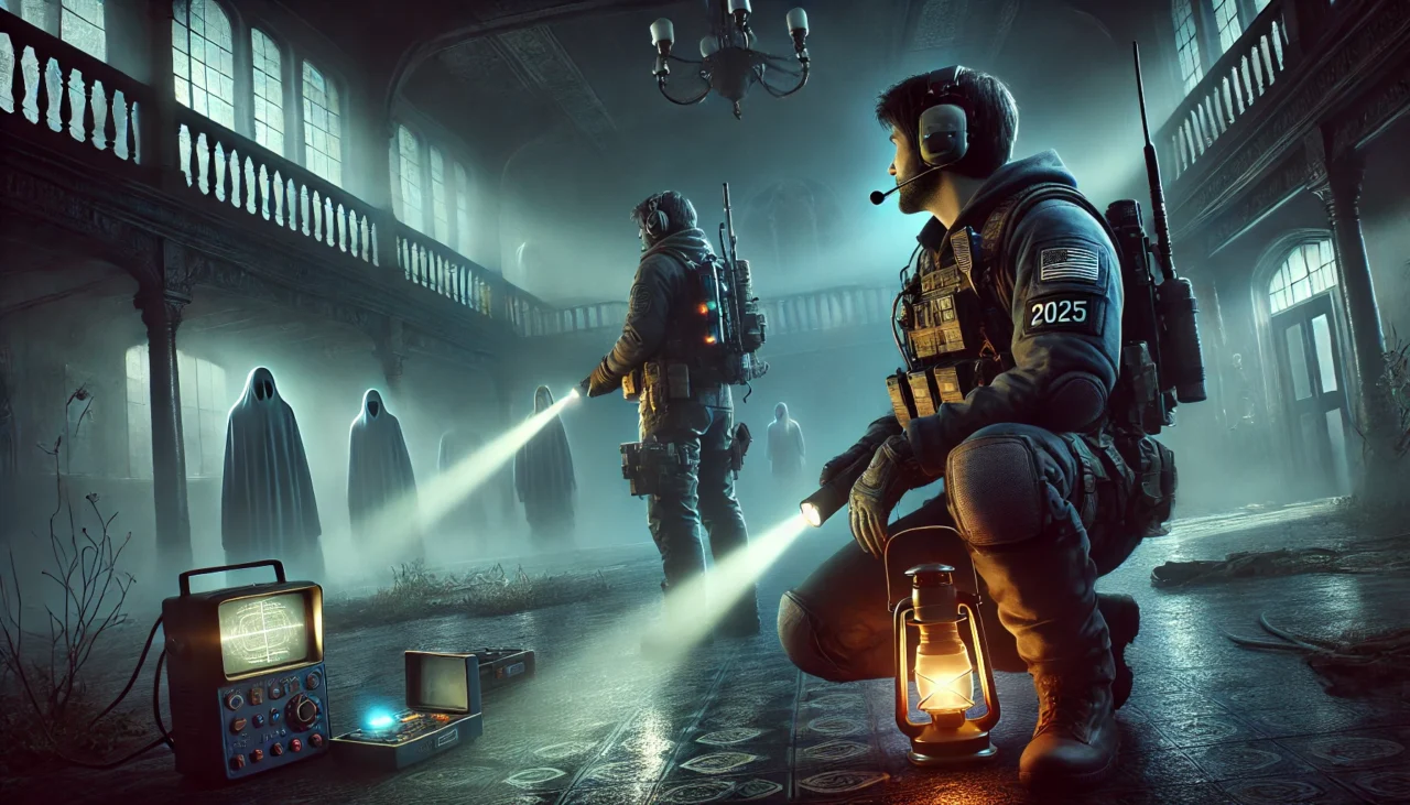 Image of futuristic ghost hunters in tactical gear labeled “2025,” exploring a misty, abandoned mansion with eerie hooded figures looming in the background.