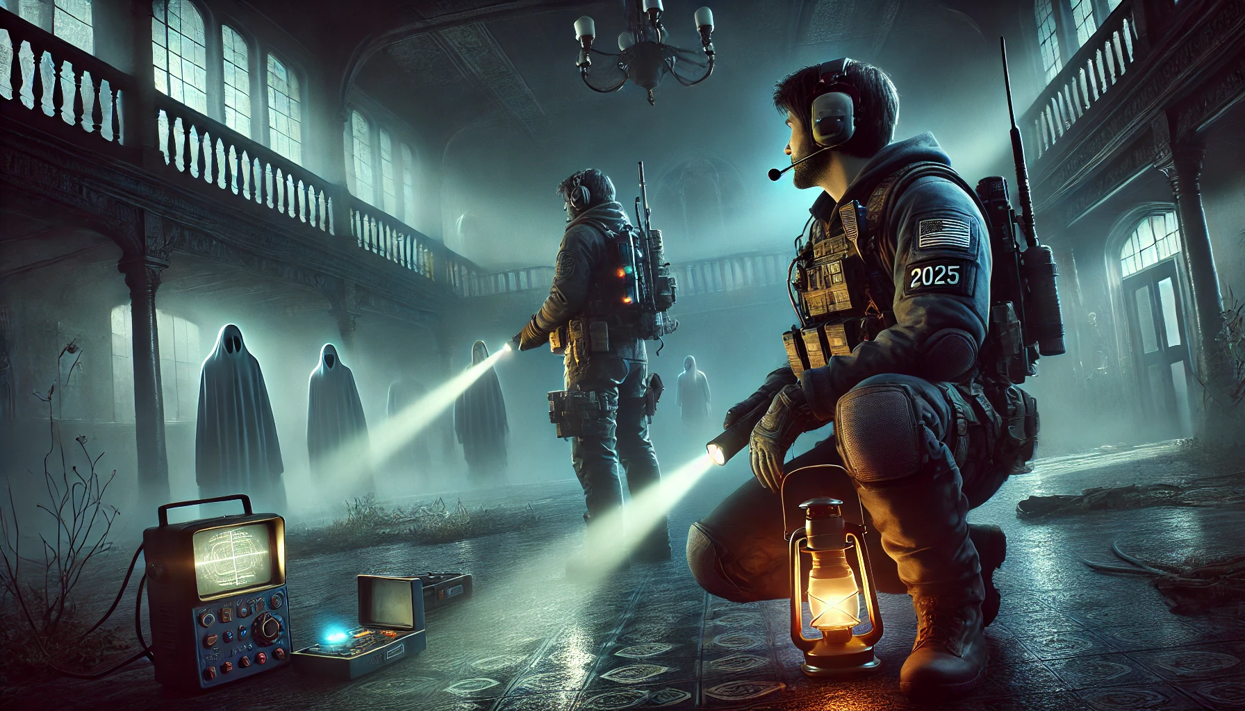 Image of futuristic ghost hunters in tactical gear labeled “2025,” exploring a misty, abandoned mansion with eerie hooded figures looming in the background.