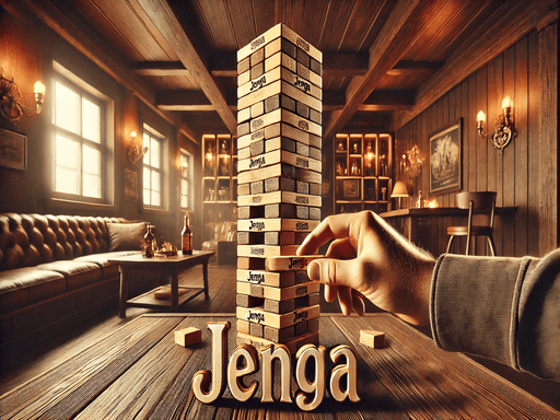 Image of a Jenga Tower Blocks game in a warm, wooden-themed lounge. A hand carefully removes a block from the towering stack, with "Jenga" displayed in bold text at the bottom. The cozy room features soft lighting, rustic furniture, and a relaxed atmosphere.